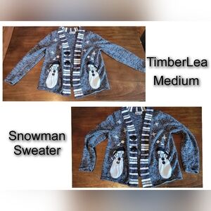 Vintage TimberLea Snowman Button Front Open Cardigan Sweater Gray M Winter